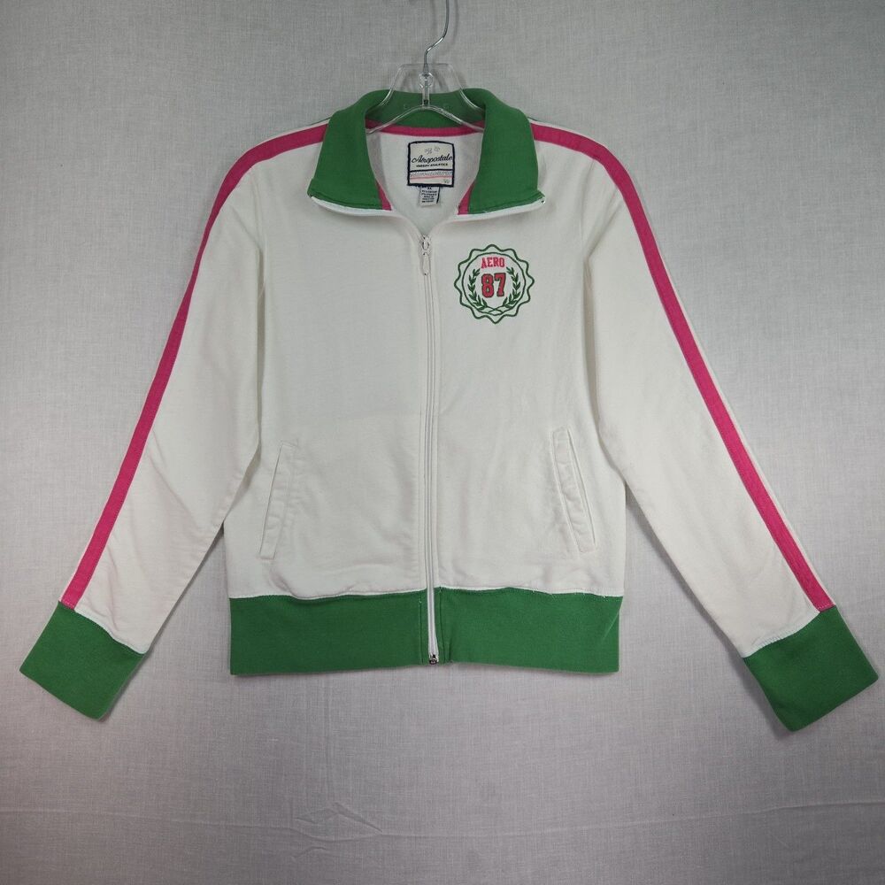 Y2K Aeropostale Womens XL Varsity Track Jacket White Green Pink Embroidered Zip